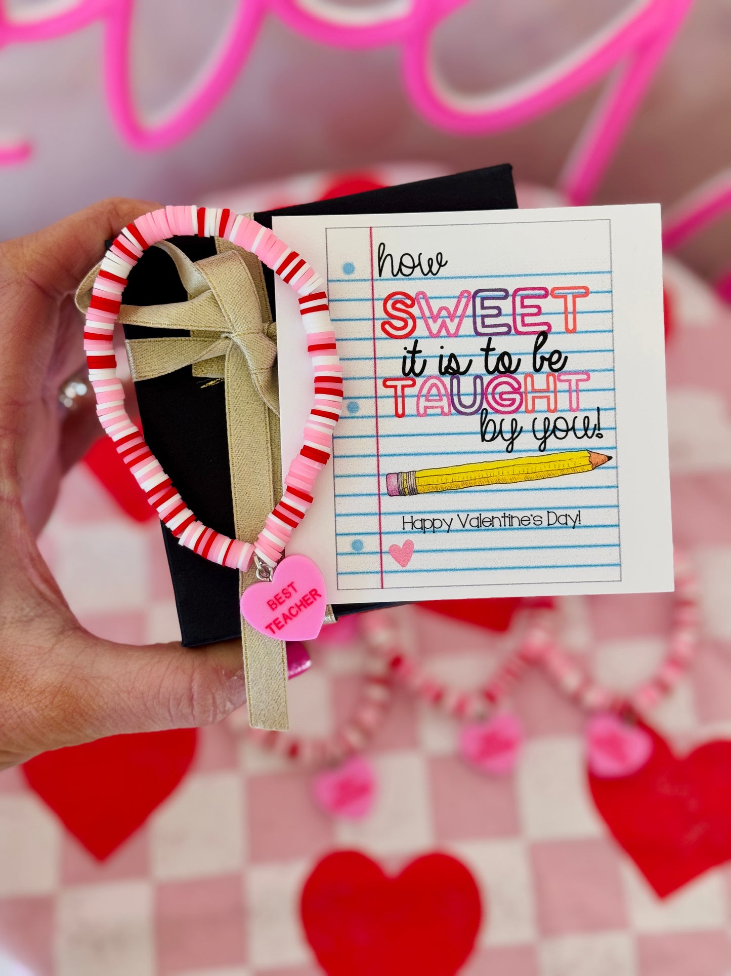 BEST TEACHER Sweetheart charm bracelet, Valentine's Day gift, How Sweet it is to be taught by YOU card, box & ribbon!