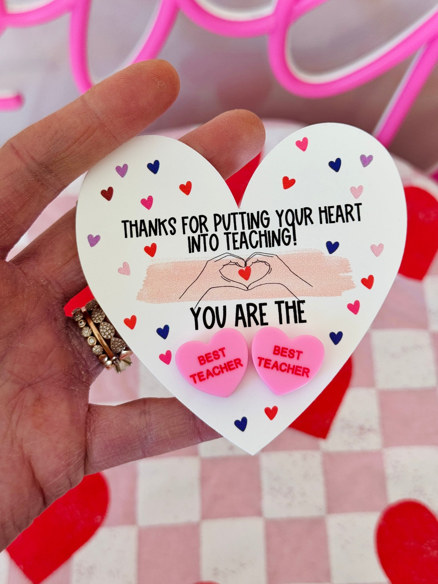 BEST TEACHER Pink sweetheart studs! Valentine's Day gift, Thanks for being the best teacher, teacher gift, personalized card, box & ribbon!