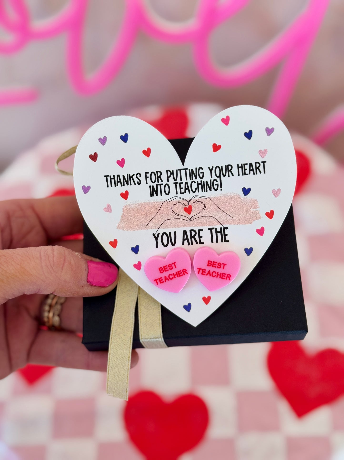 BEST TEACHER Pink sweetheart studs! Valentine's Day gift, Thanks for being the best teacher, teacher gift, personalized card, box & ribbon!