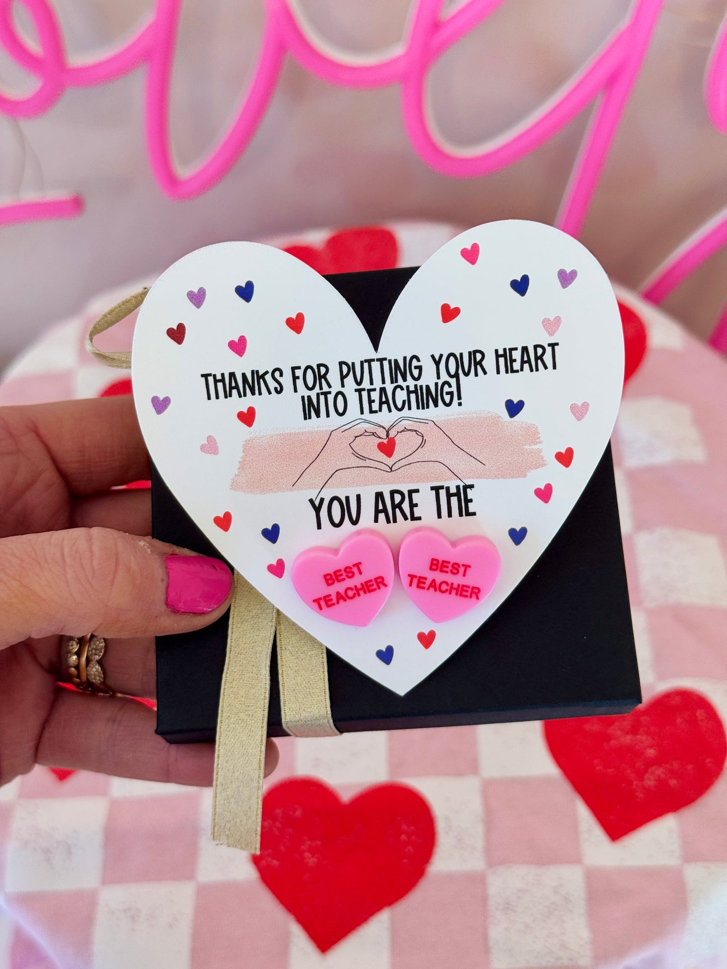 BEST TEACHER Pink sweetheart studs! Valentine's Day gift, Thanks for being the best teacher, teacher gift, personalized card, box & ribbon!