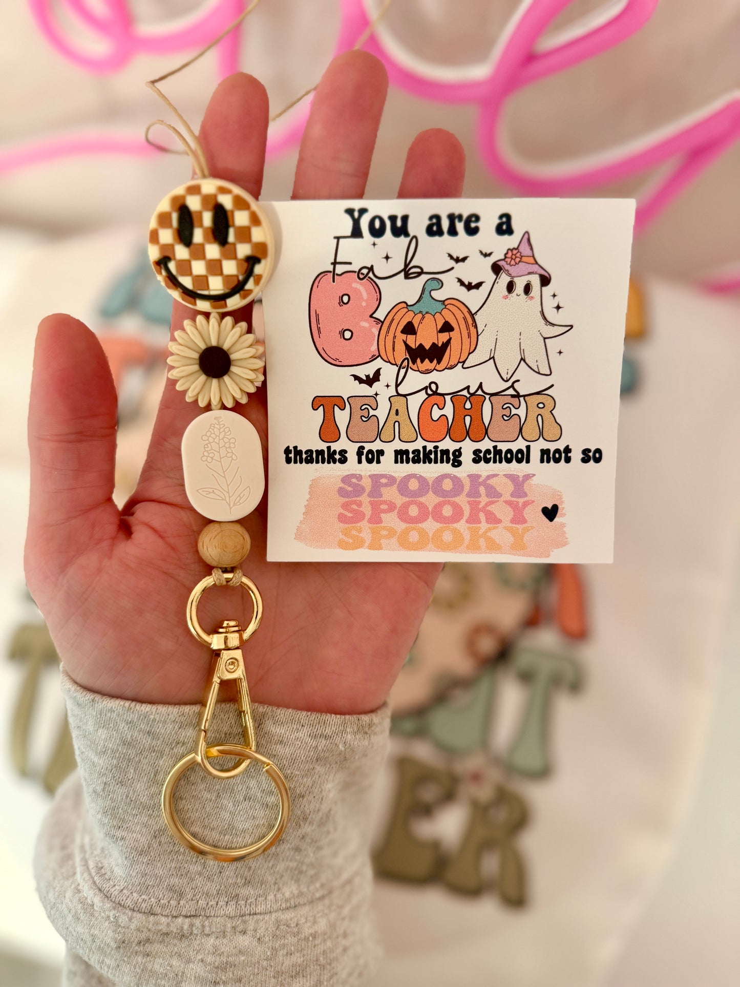 Fall Checkered Smile Face Teacher Lanyard, Halloween, Thanksgiving, Grateful for you gift! Card, Box & ribbon included!