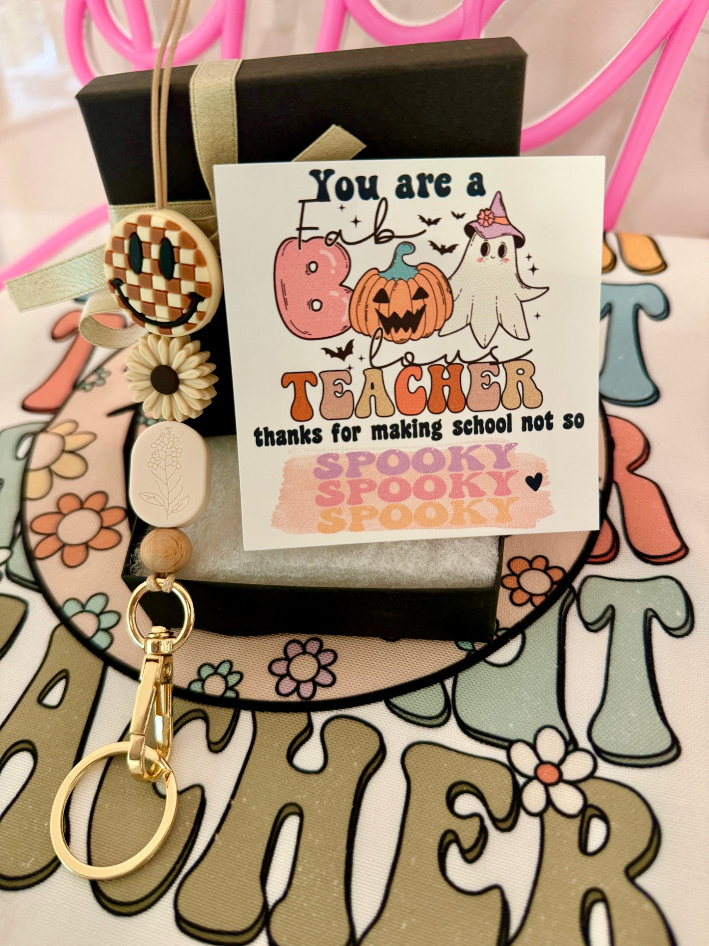 Fall Checkered Smile Face Teacher Lanyard, Halloween, Thanksgiving, Grateful for you gift! Card, Box & ribbon included!