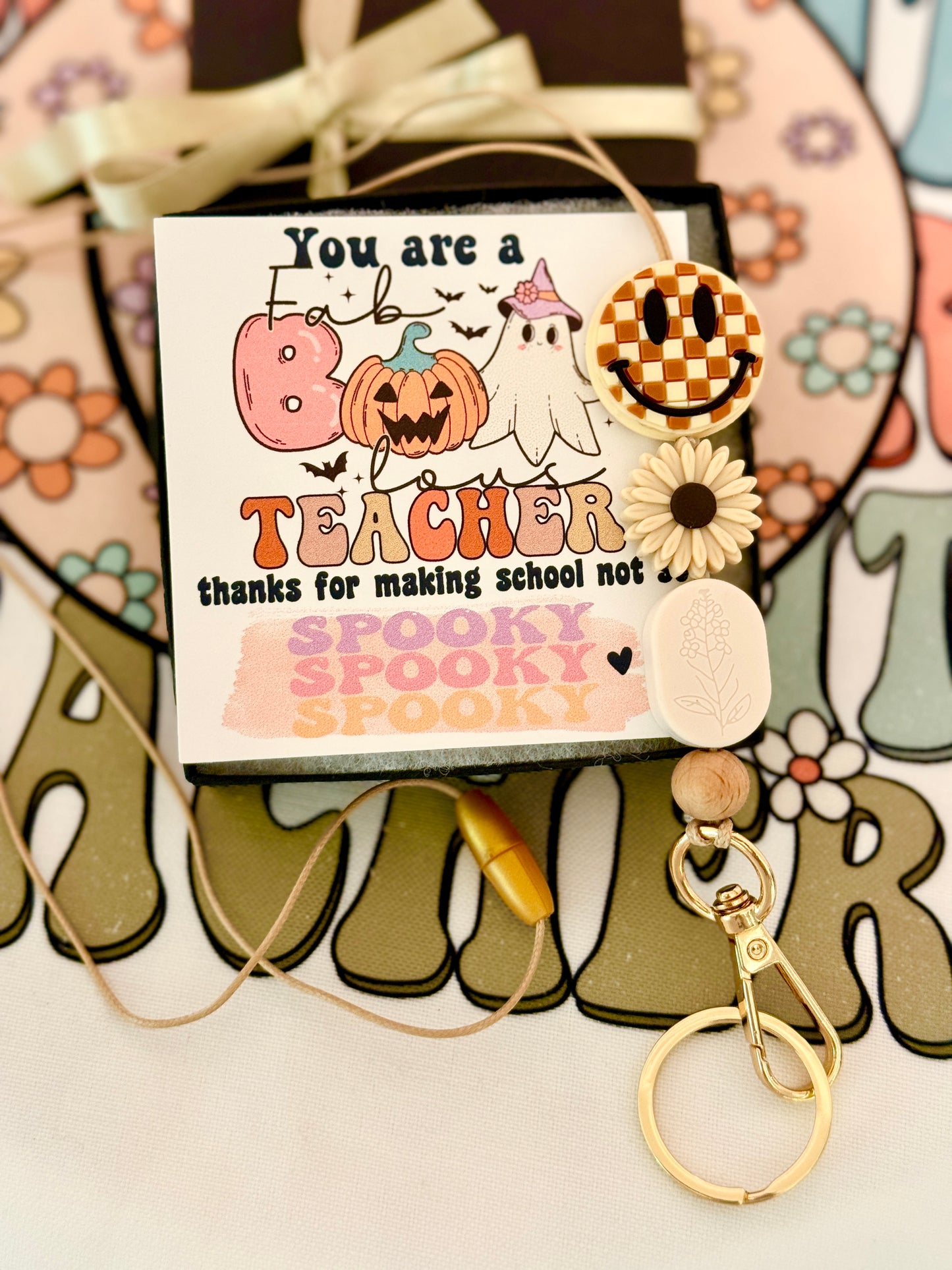 Fall Checkered Smile Face Teacher Lanyard, Halloween, Thanksgiving, Grateful for you gift! Card, Box & ribbon included!