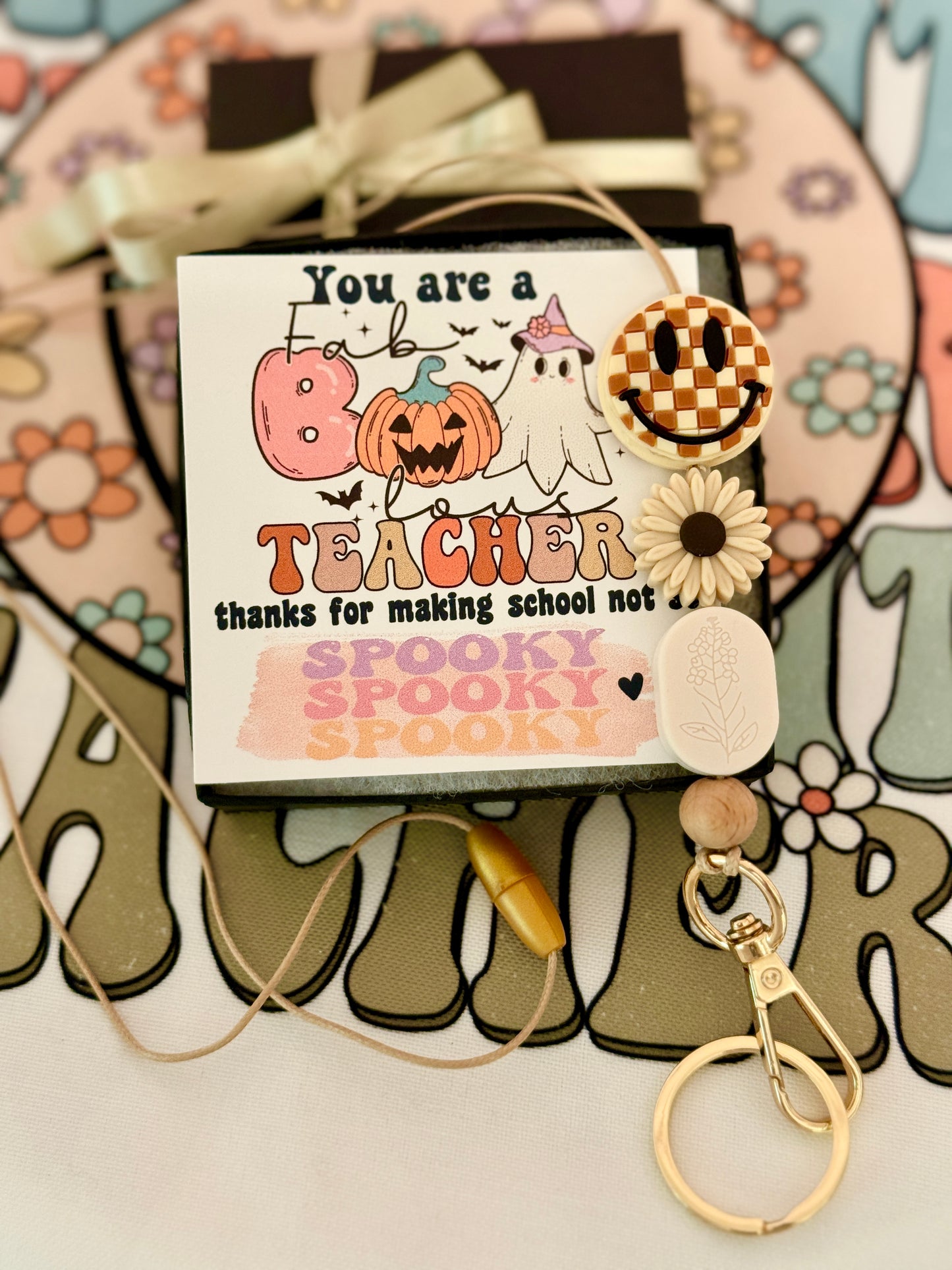 Fall Checkered Smile Face Teacher Lanyard, Halloween, Thanksgiving, Grateful for you gift! Card, Box & ribbon included!