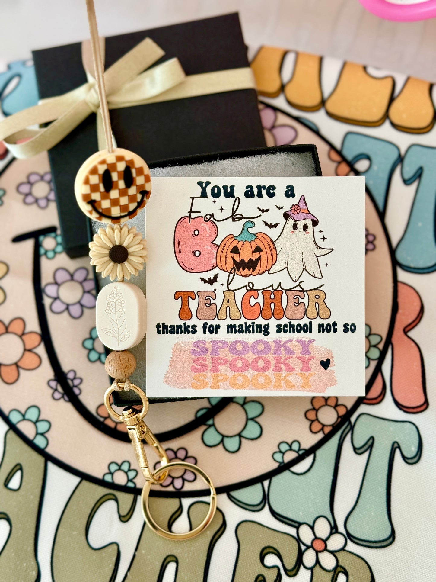 Fall Checkered Smile Face Teacher Lanyard, Halloween, Thanksgiving, Grateful for you gift! Card, Box & ribbon included!