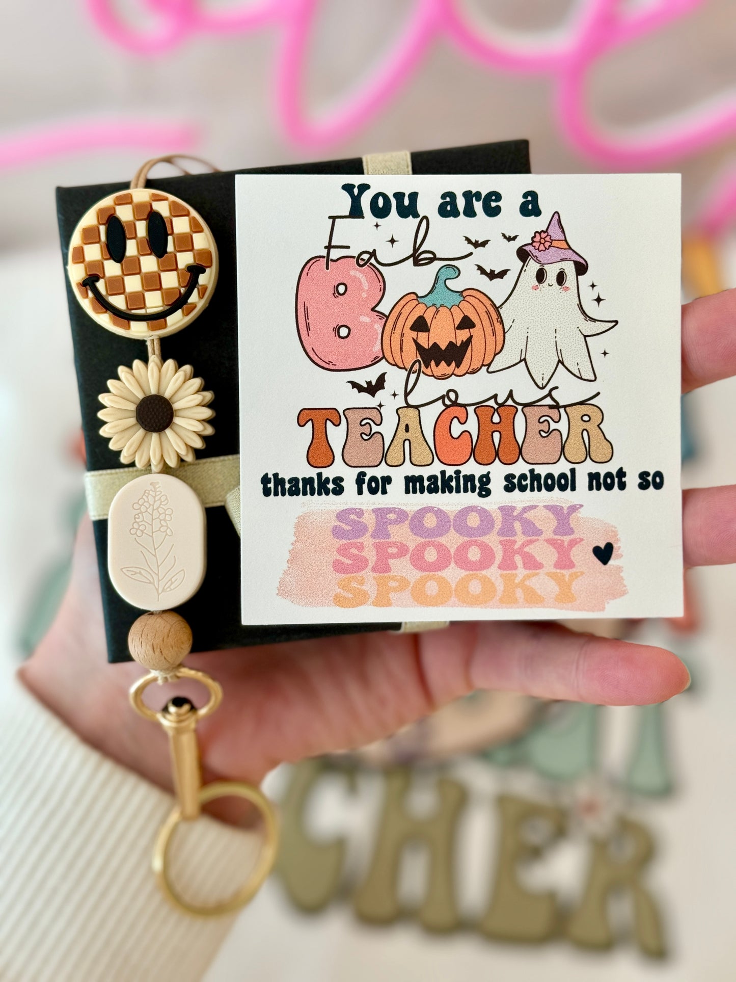 Fall Checkered Smile Face Teacher Lanyard, Halloween, Thanksgiving, Grateful for you gift! Card, Box & ribbon included!