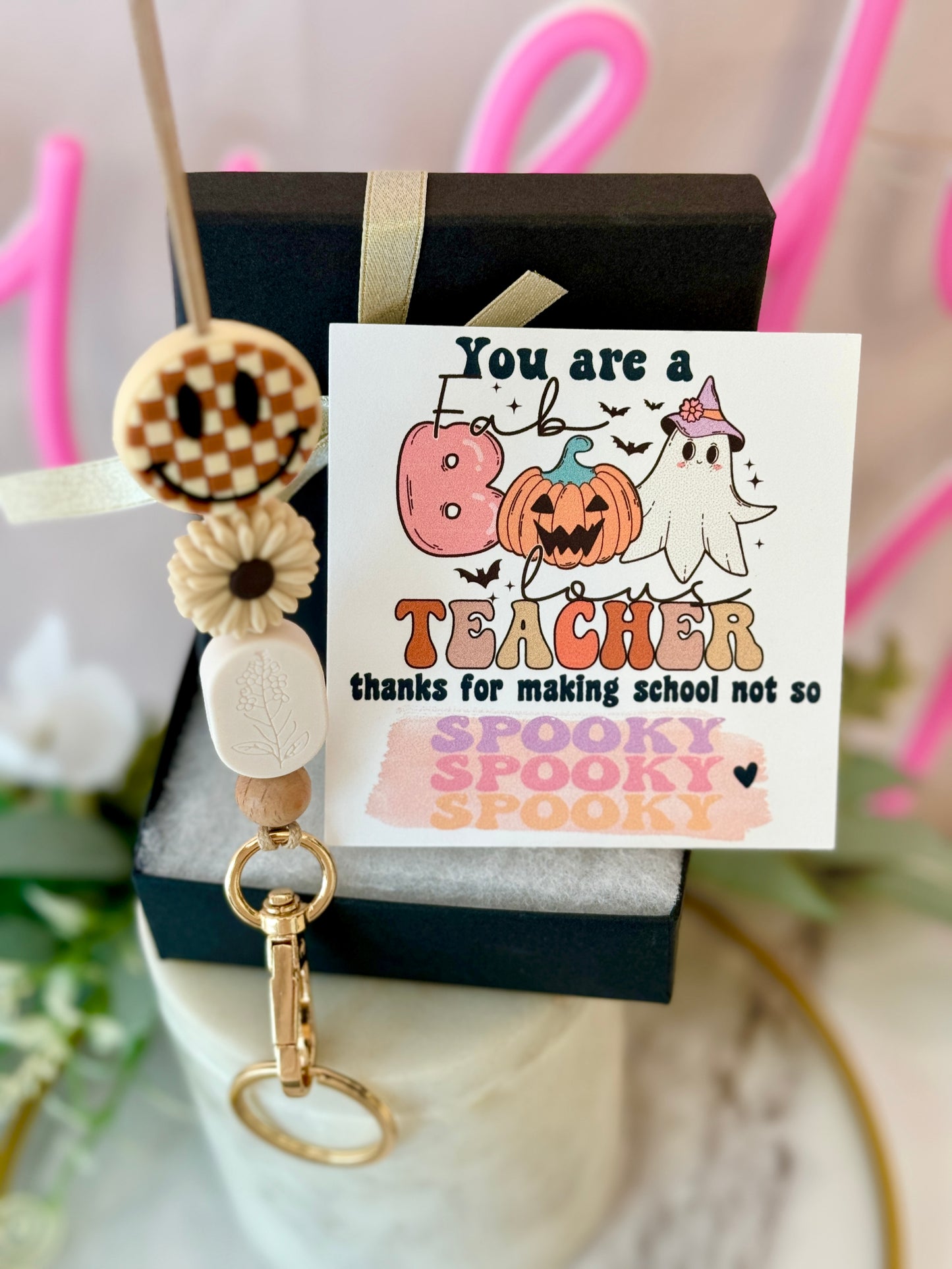 Fall Checkered Smile Face Teacher Lanyard, Halloween, Thanksgiving, Grateful for you gift! Card, Box & ribbon included!