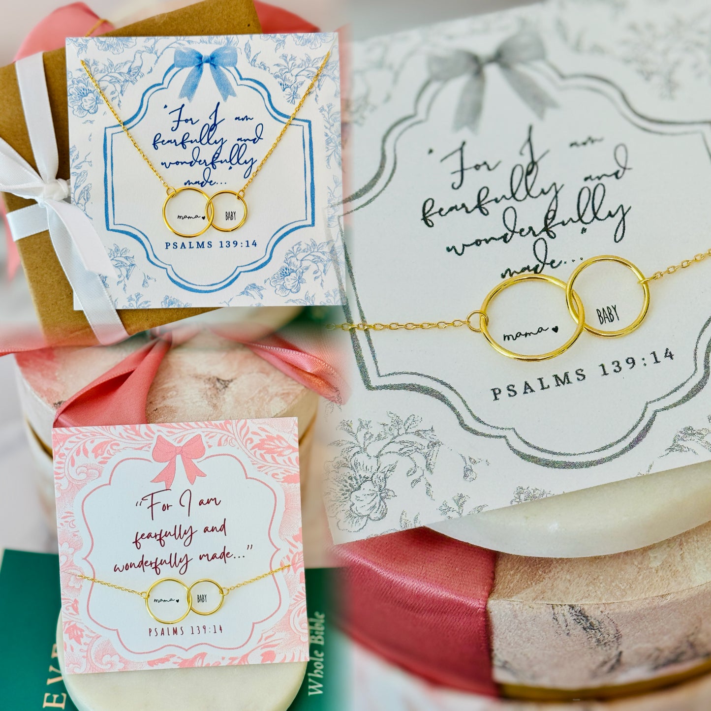 For I am Fearfully & Wonderfully Made, New Mom Infinity Necklace- Non-Tarnish! Pink, Blue or Grey card option!