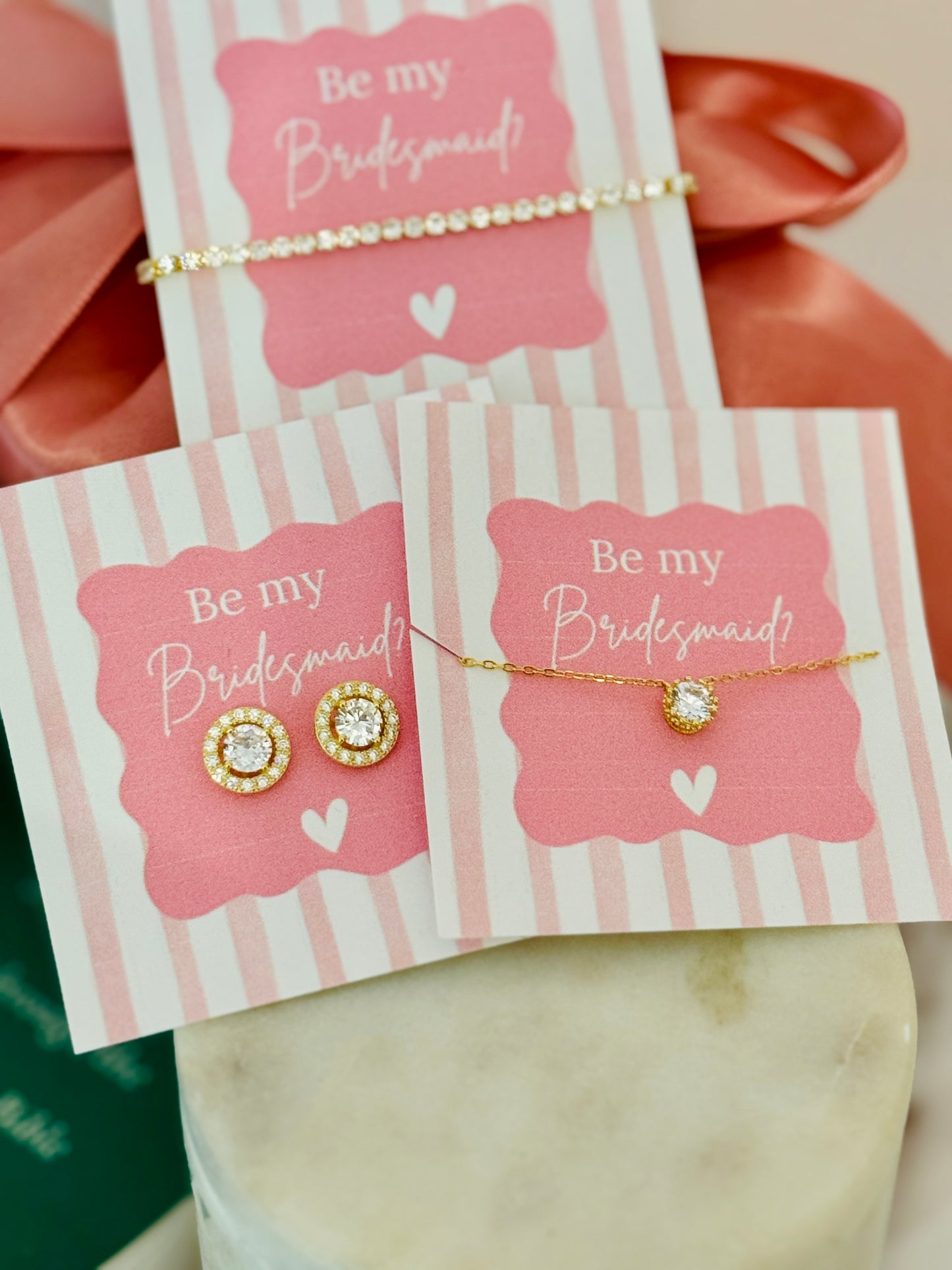 Bridal Party Dainty CZ Non-Tarnish Necklace, Earrings OR Bracelet! Gold, silver or Rose Gold! Box+Ribbon Included!
