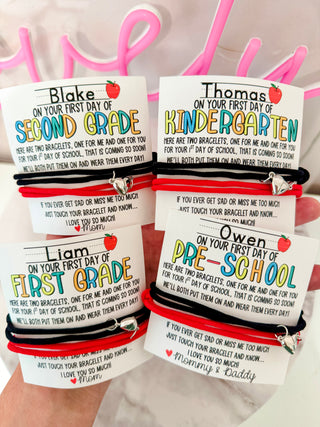 First Day of School! Mommy & Son Adjustable Red & Black rope cord Bracelet set. Includes personalized card, box & ribbon too!