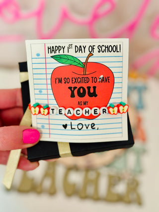 Happy 1st Day of school Apple Teacher Bracelet, card, box & ribbon!