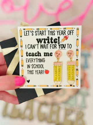 Pencil Earrings 1st Day of school teacher gift! Card, box & ribbon!