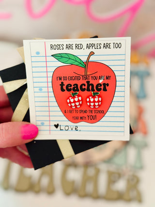 Apple Earrings! First Day of school teacher gift! Card, box & ribbon included!