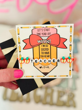 I'm excited to have you as my teacher! Apple Teacher bracelet, card box & ribbon 1st Day of school gift!