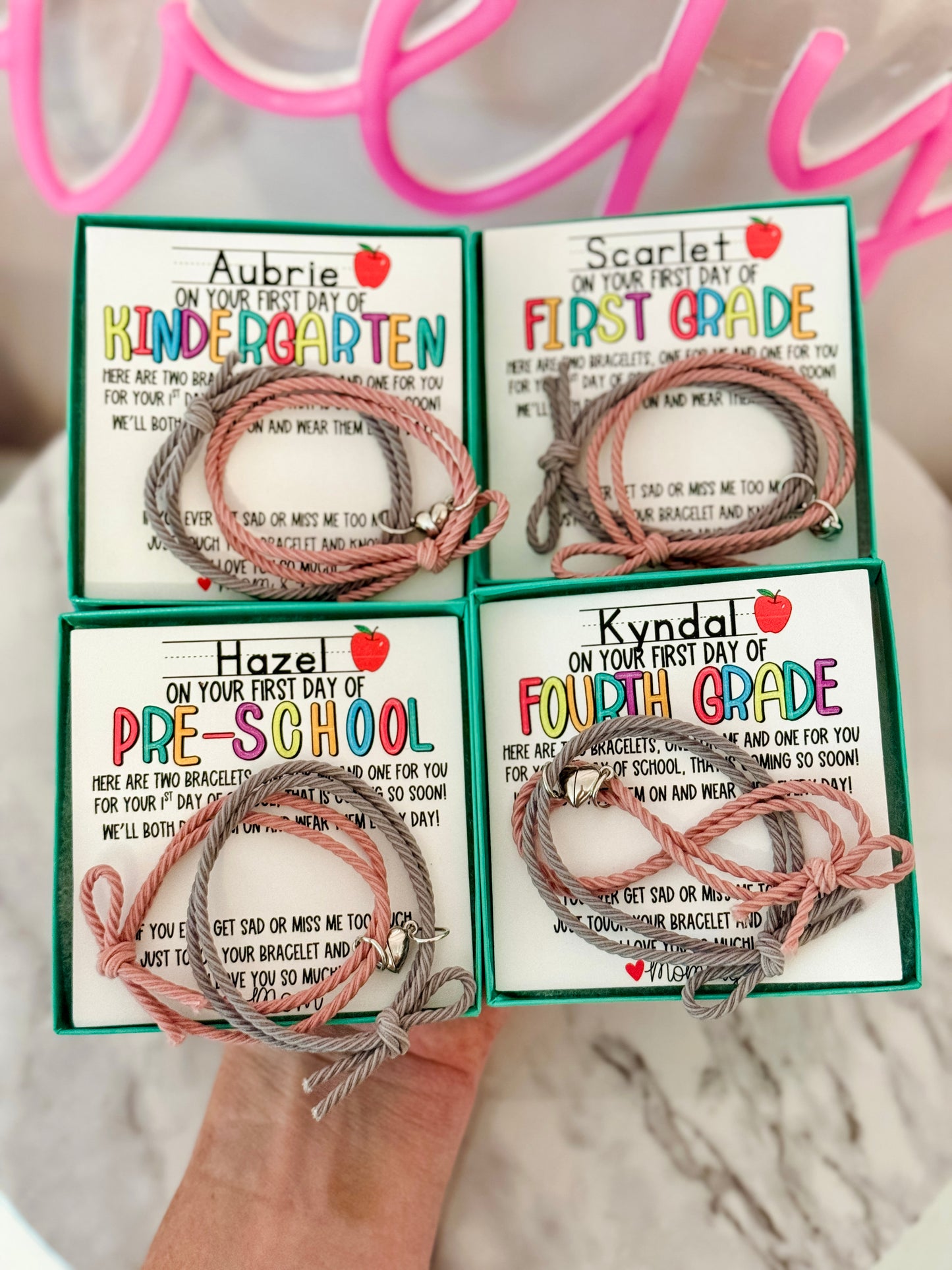 First Day of School! Mommy and Me Elastic Bracelets with heart magnetic charm, Personalized card, box + ribbon included!