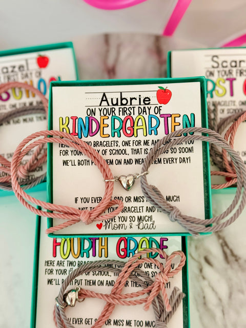 First Day of School! Mommy and Me Elastic Bracelets with heart magnetic  charm, Personalized card, box ribbon included!