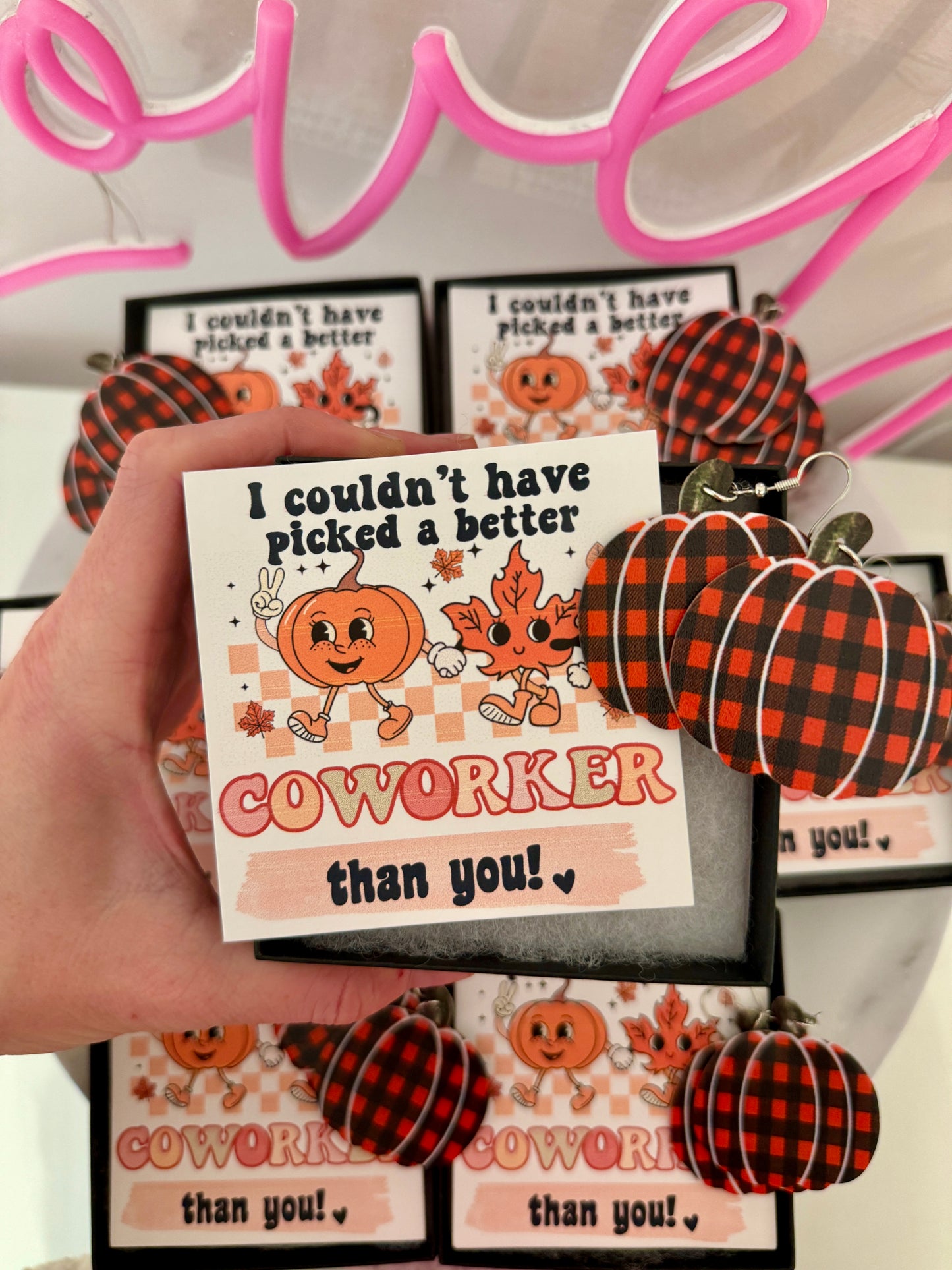 We couldn't have PICKED a better teacher than you!Plaid Pumpkin Earrings!Teacher appreciation gift! Personalized card,box & ribbon included!