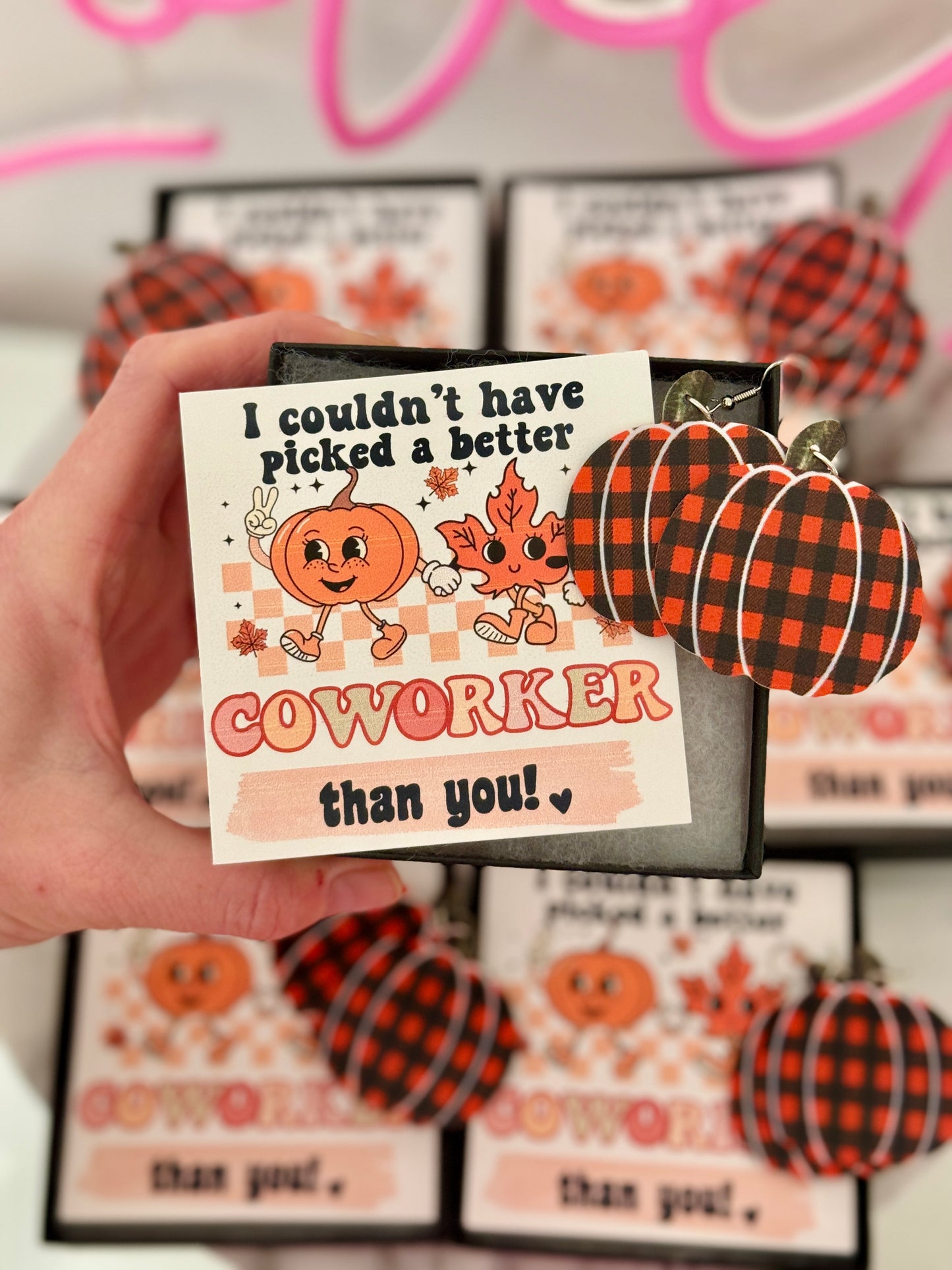 We couldn't have PICKED a better teacher than you!Plaid Pumpkin Earrings!Teacher appreciation gift! Personalized card,box & ribbon included!