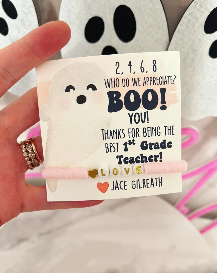 Halloween Teacher Appreciation gift! Clay disc bead Love bracelet, personalized card, box & ribbon! Teacher Halloween gift!