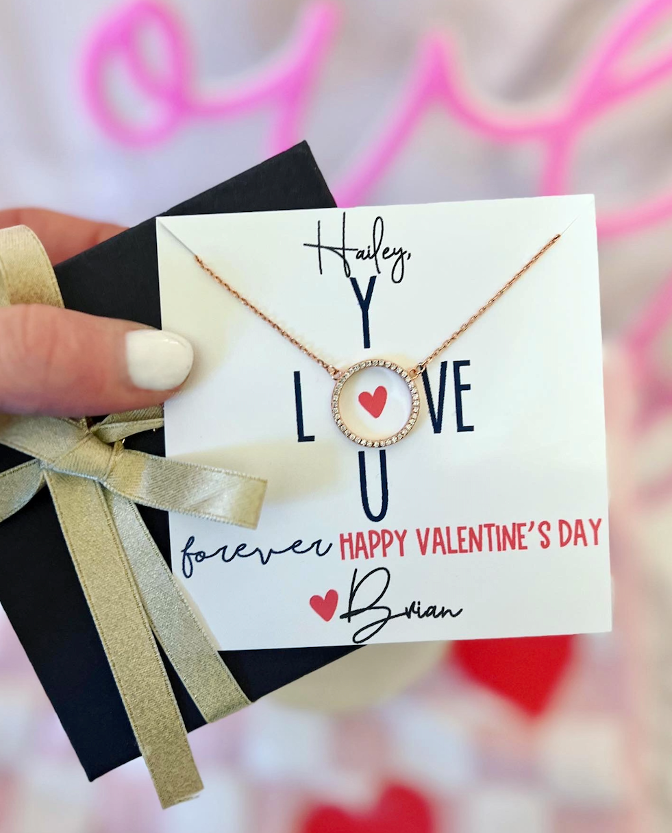 Infinity Circle Pendant Valentine's Day necklace, carb, box + ribbon included!