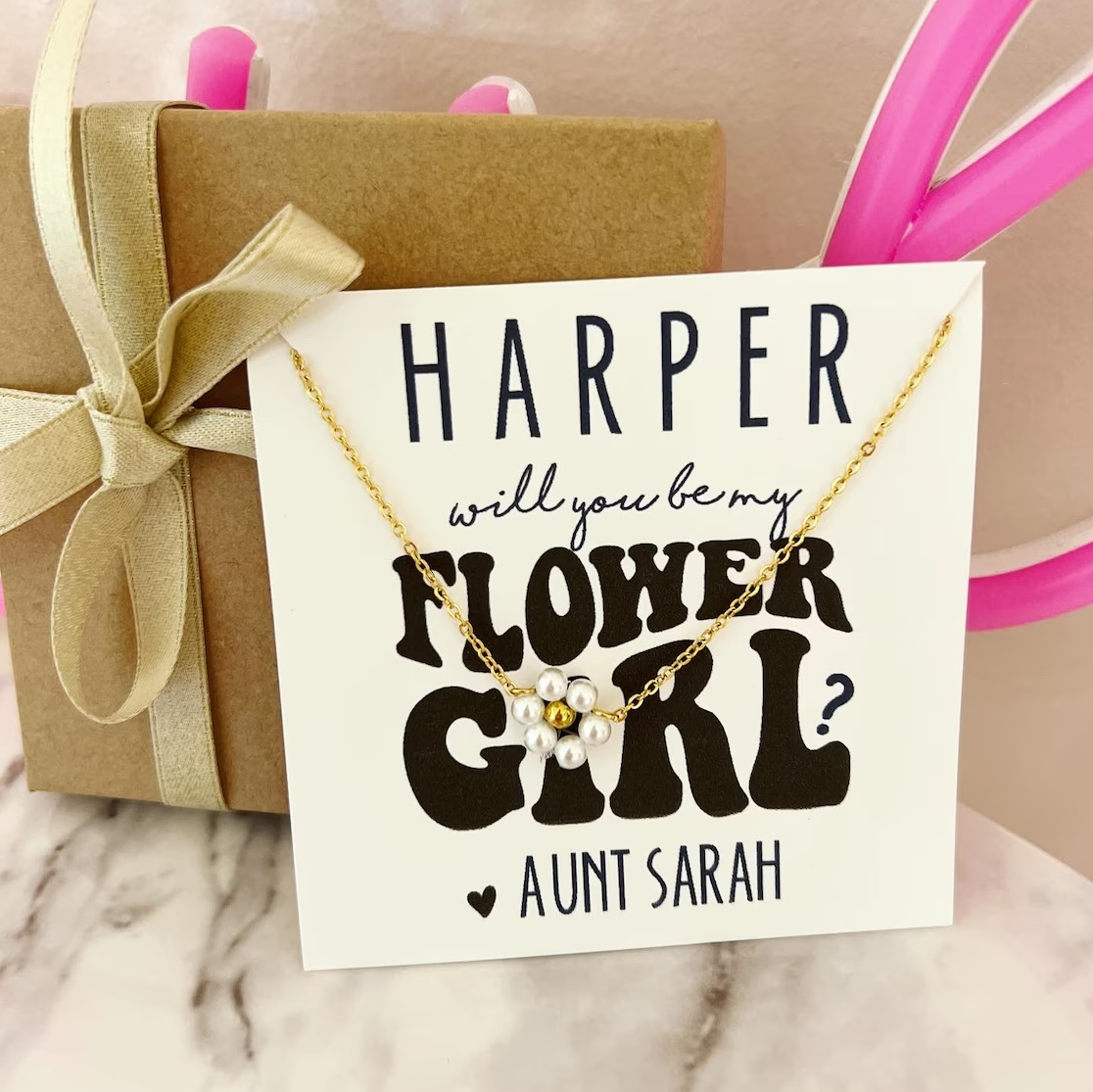 Flower Girl gold & Pearl flower necklace!With Card, Box And Ribbon, Flower girl thank you necklace, will you be my flower girl? no tarnish!