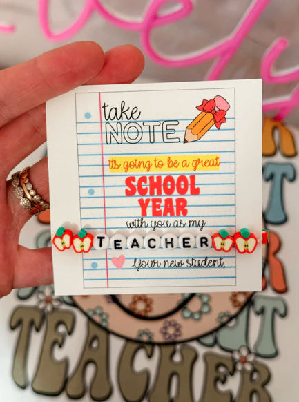 Take Note! It's going to be a great School Year! Apple Teacher Bracelet!  Back to school gift, card, box & ribbon included!