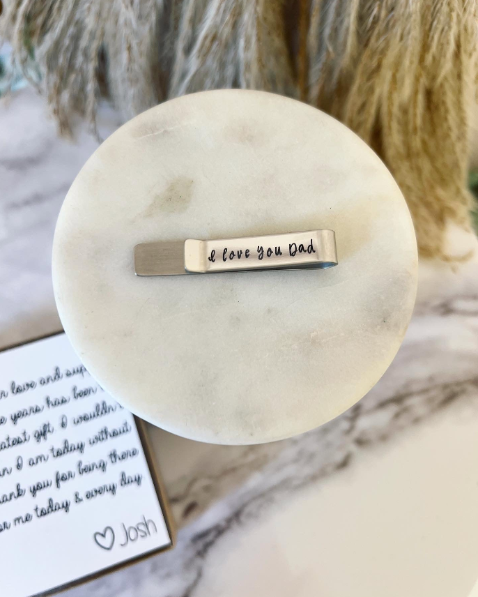 Thank you for always showing me the love that I deserve, Laser engraved "I love you Dad" tie bar, personalized card, box and ribbon!