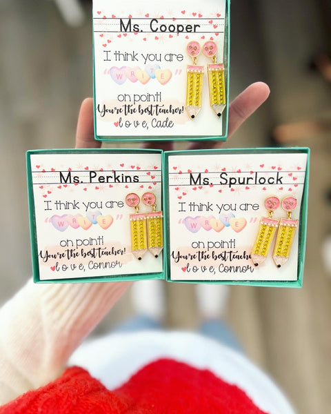 Teacher Appreciation Valentine's Day Heart Earrings Gift · Lead & Nickel Free, Hypoallergenic · Box & Ribbon · Personalized Card · US