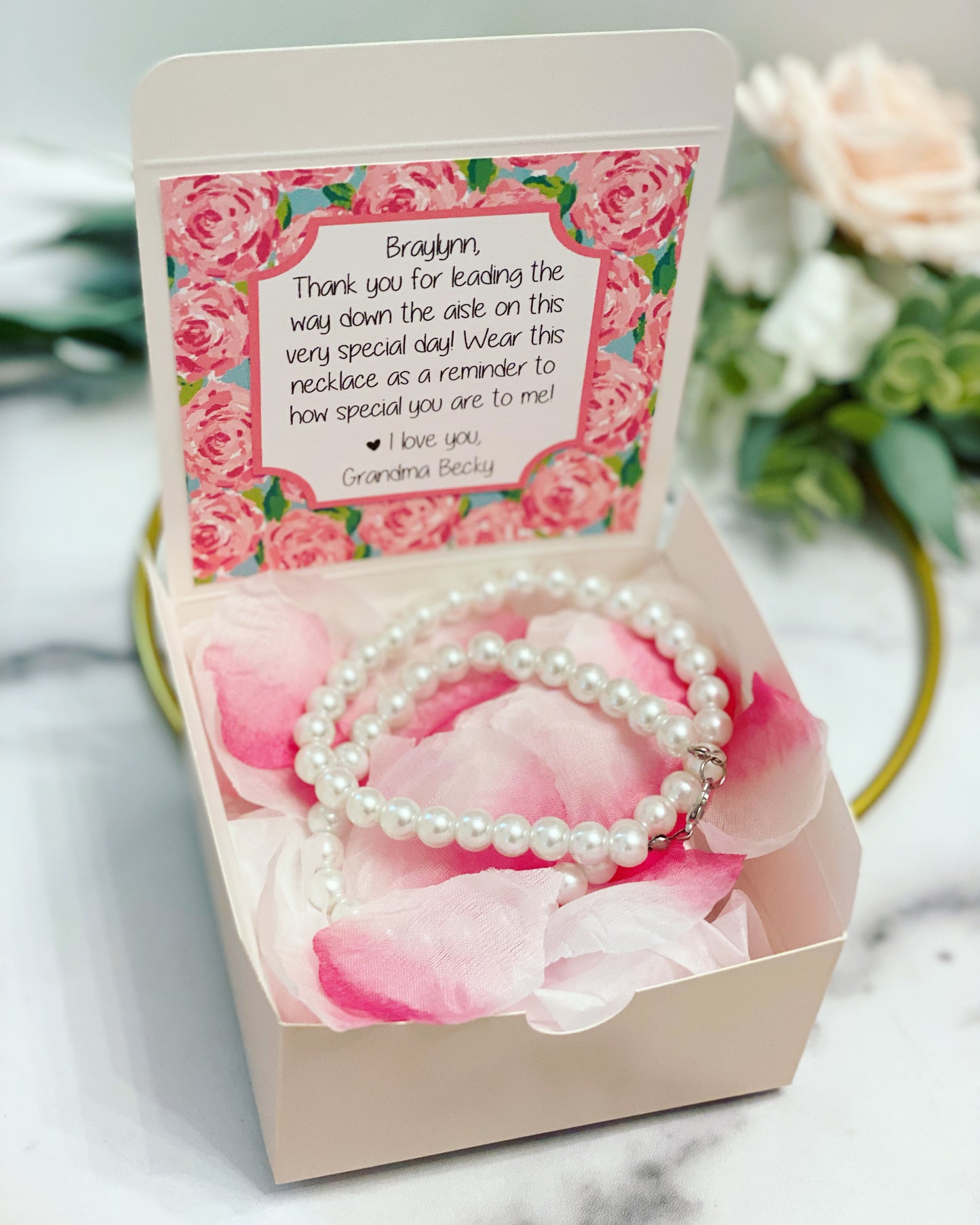 Flower Girl Pearl Necklace & Practice Flower Petals with gift box!