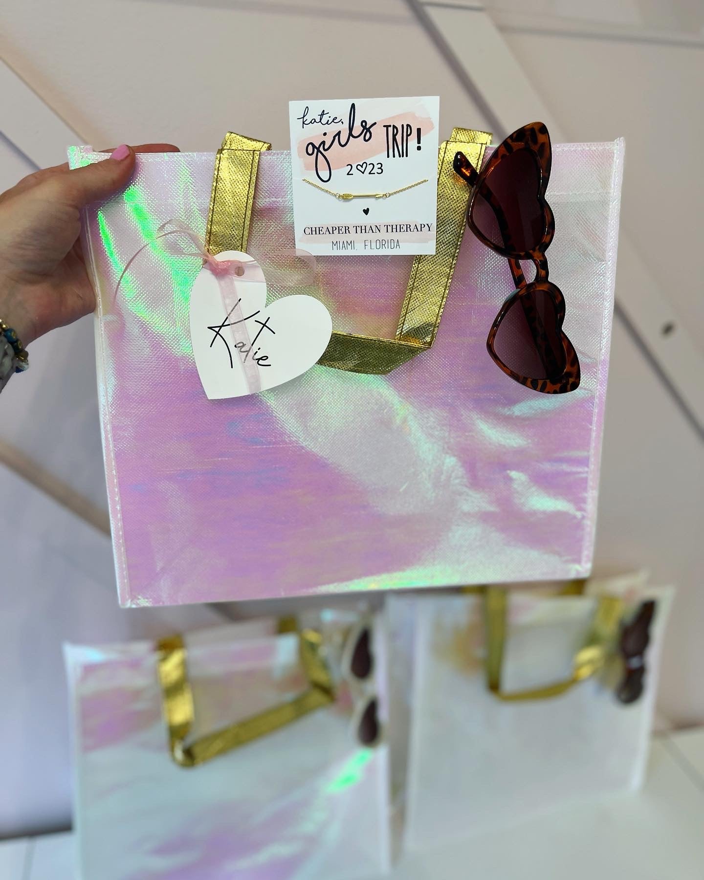 Iridescent Gold Handle Girls Trip Bag with Necklace & Glasses