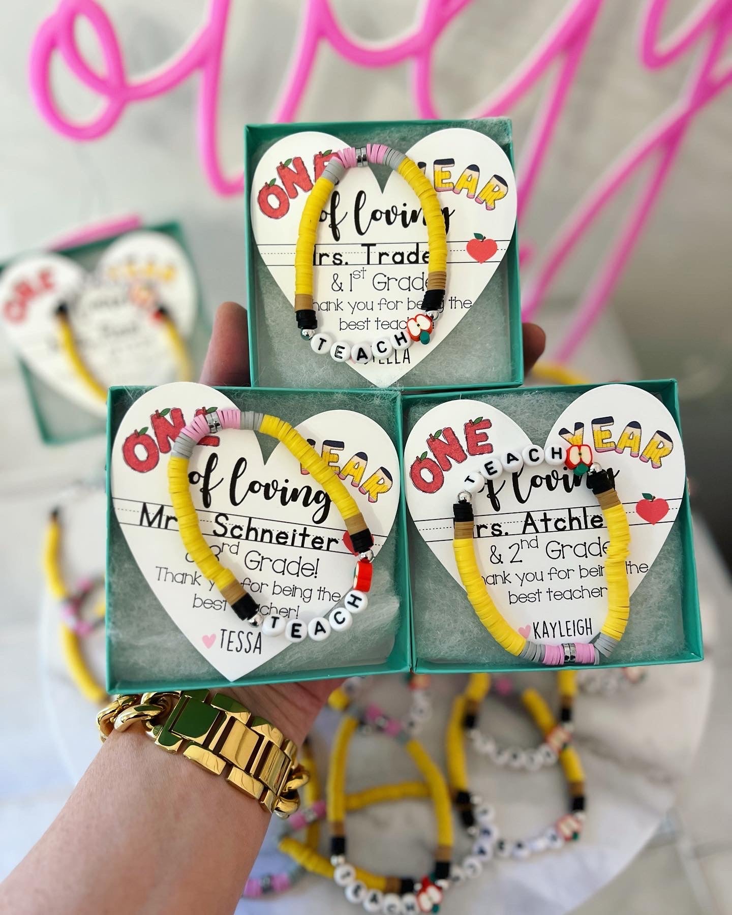 Teacher's Gift Bracelet · One Year Anniversary · Pencil · Personalized Card · Box & Ribbon · US