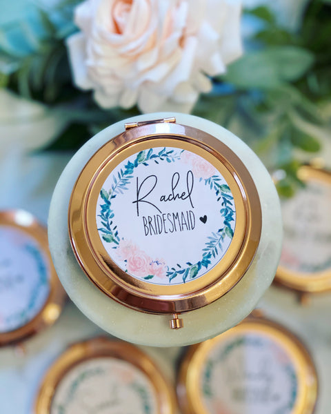 Dusty blue floral bridesmaid gift compact mirror