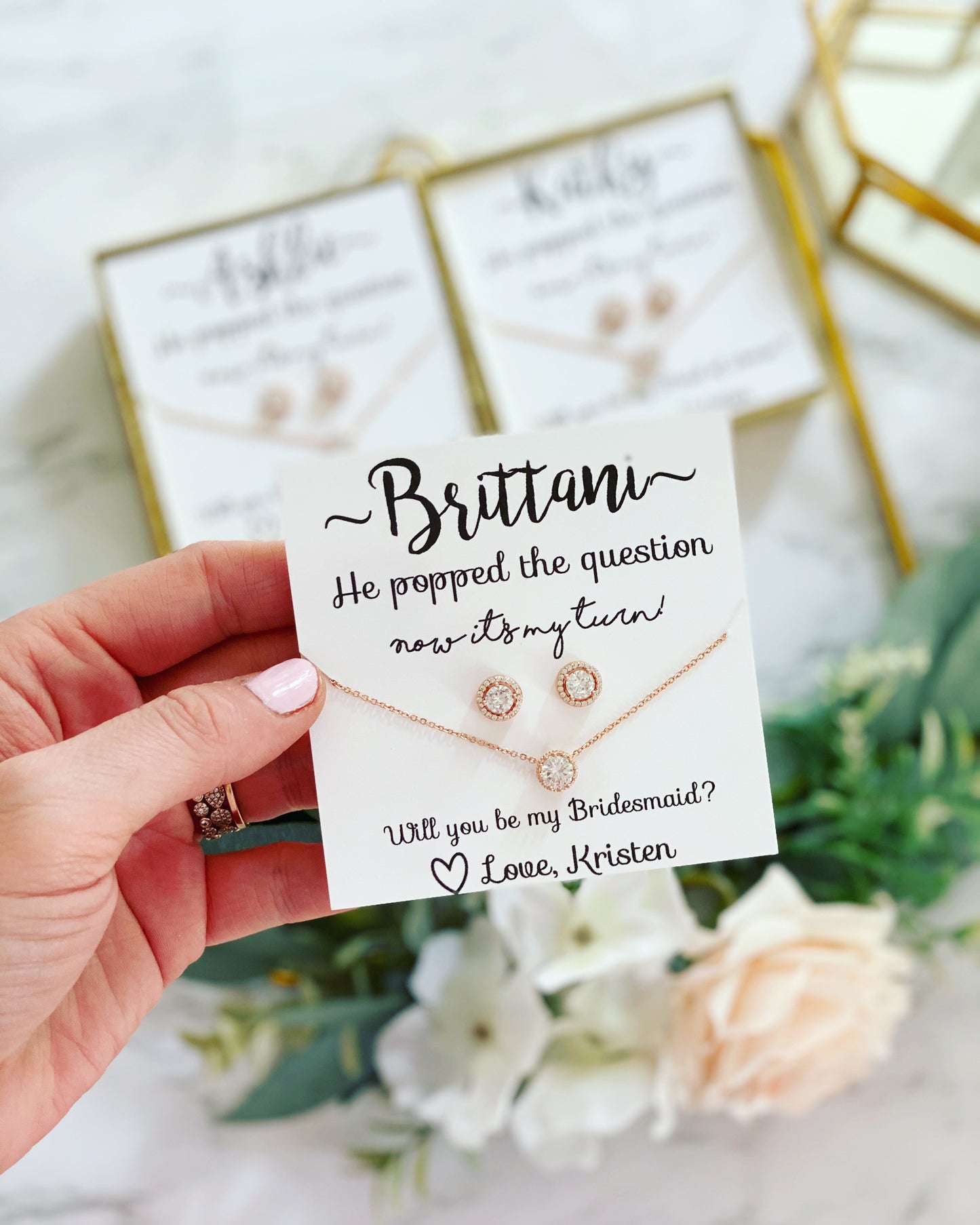 He Popped the Question! Cubic Zircon Studs & Matching Necklace Bridal Party Gift
