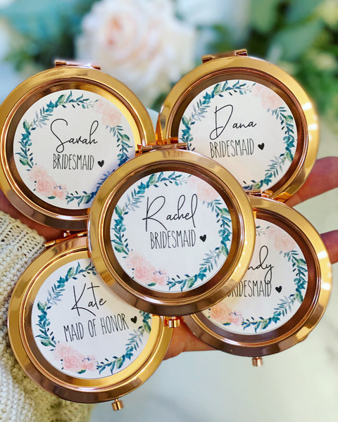 Personalised Rose Gold Compact Mirror Bridesmaid Gift Maid of 