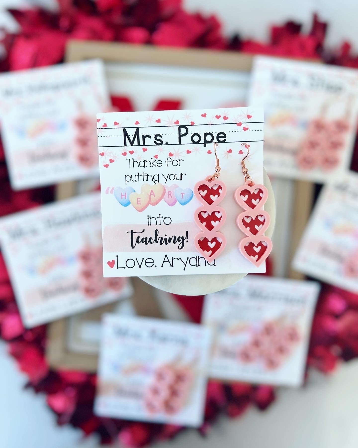 Teacher Heart Valentine's Day Earrings, card, box & ribbon included!