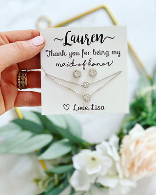 Luckiest Bride CZ Necklace, Bracelet & Matching Stud Earrings