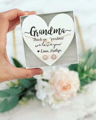 Gift for Grandma! Cubic Zircon Studs and Pearl Necklace Set