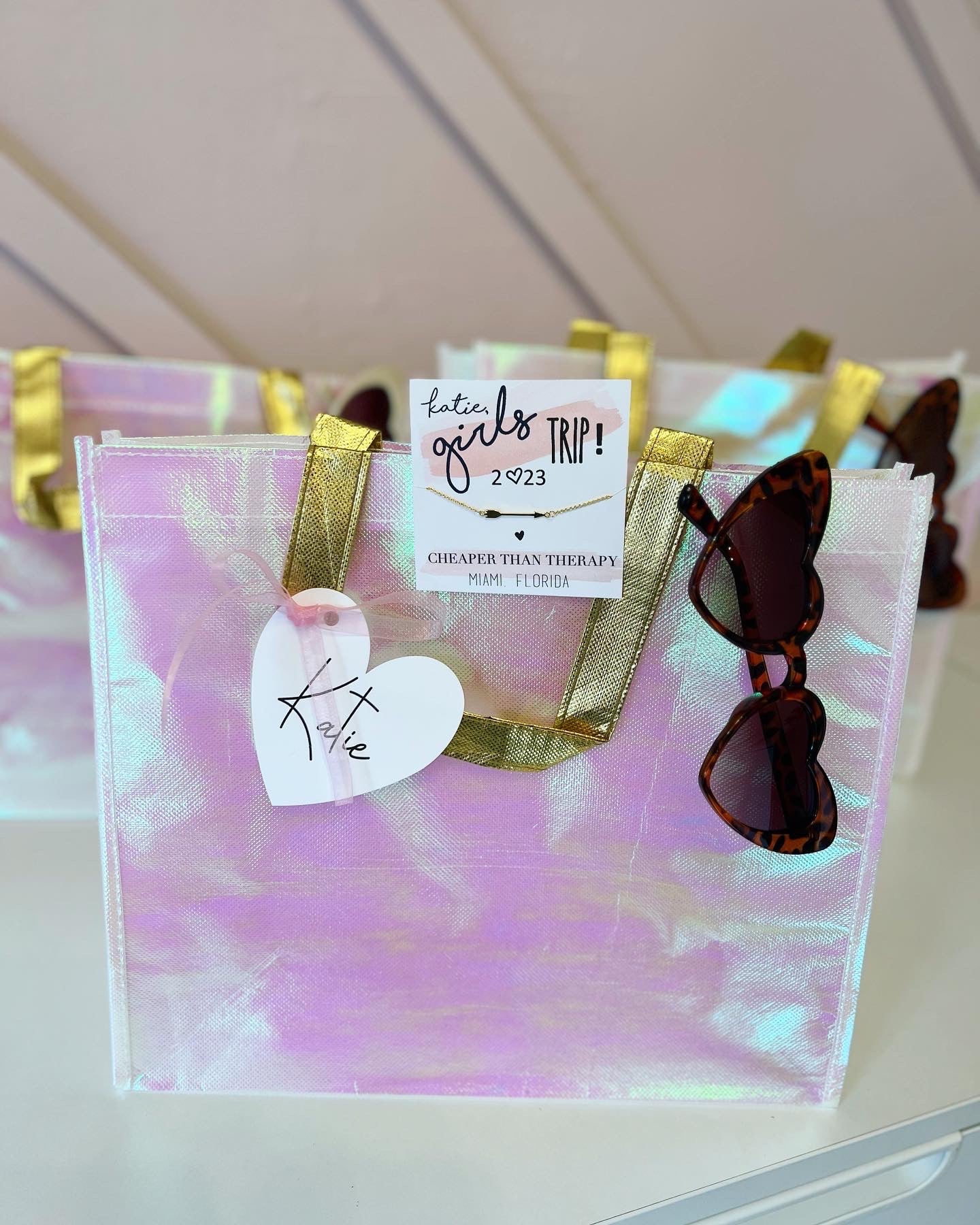 Iridescent Gold Handle Girls Trip Bag with Necklace & Glasses