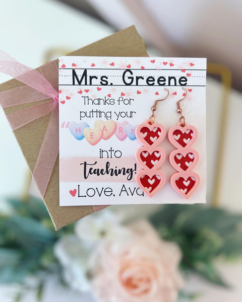 Teacher Heart Valentine's Day Earrings, card, box & ribbon