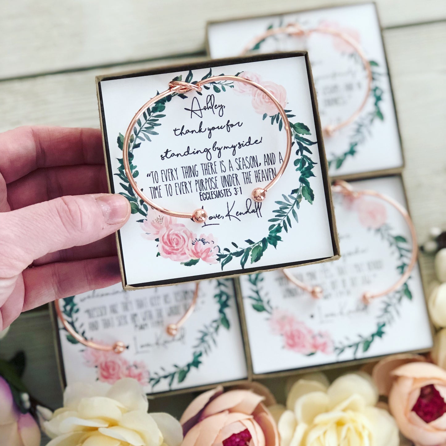 Floral Wreath Bridal Party Bangles with Bible Verse