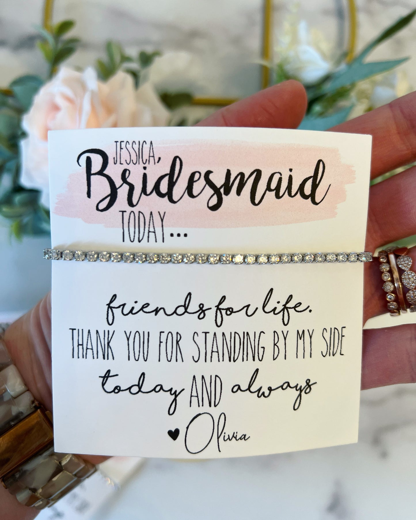 Bridesmaid Cubic Zircon Bracelet & Watercolor Card