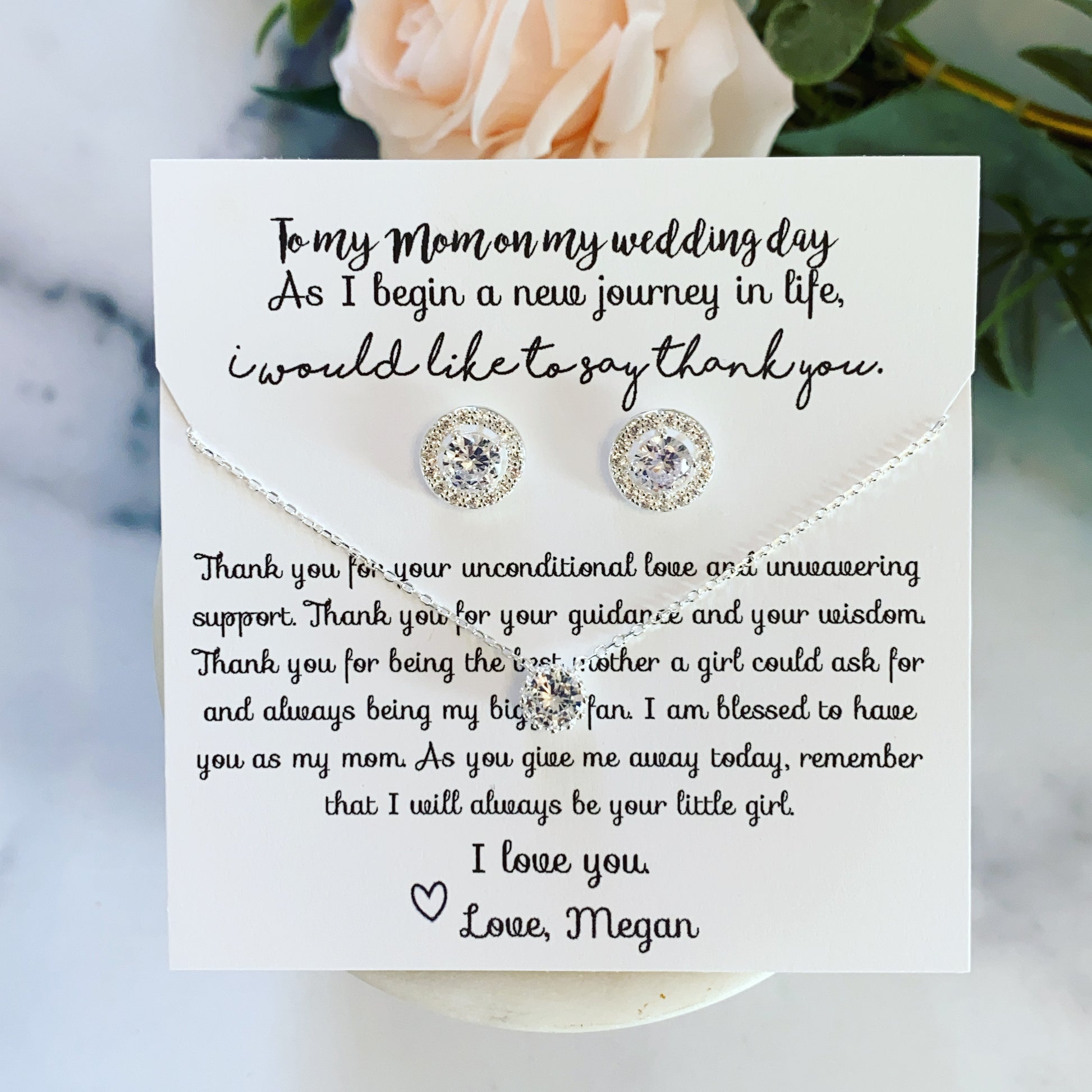 Mother of The Bride Earrings & Necklace Gift Set · Silver, Rose Gold · Sterling Silver · Box & Ribbon · Personalized Card · US