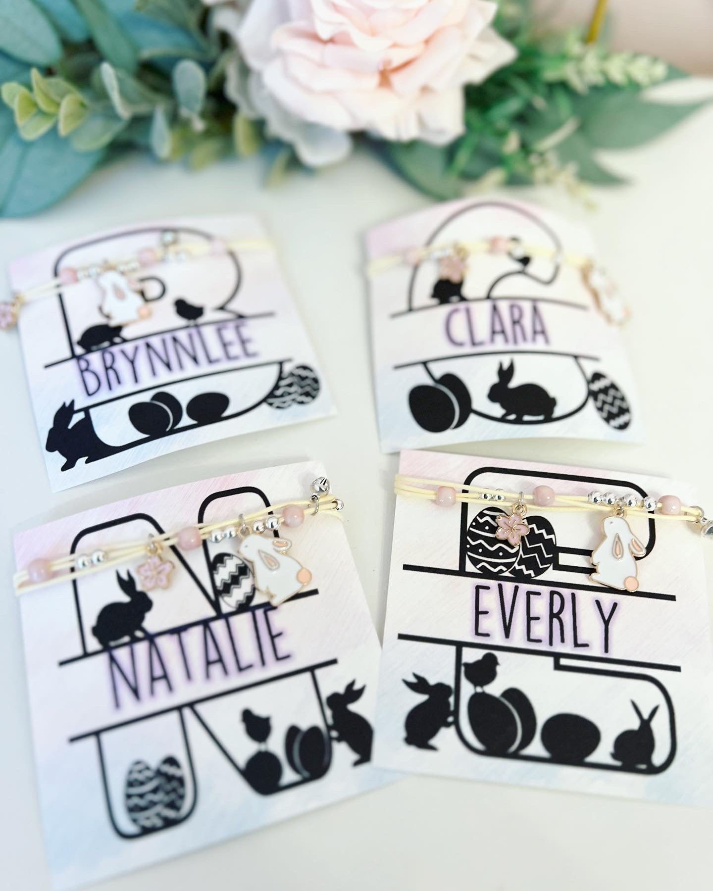 Personalized Name Card & Bunny Charm Bracelet