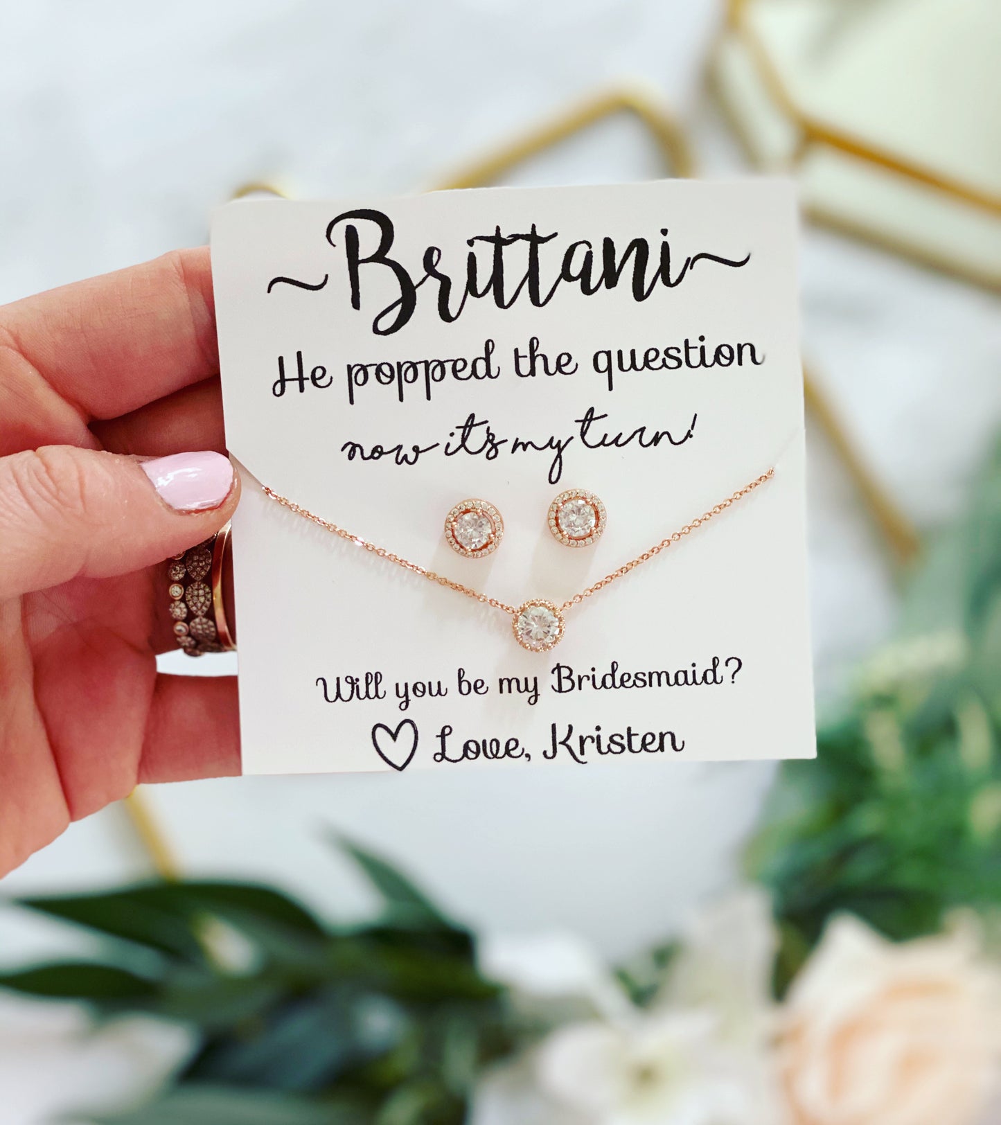 He Popped the Question! Cubic Zircon Studs & Matching Necklace Bridal Party Gift