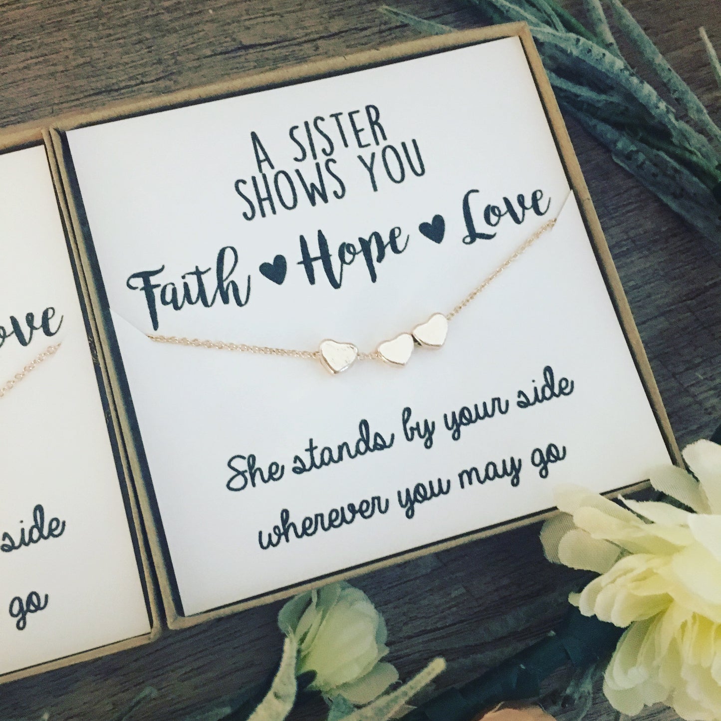 Sister Three Hearts Rose Gold or Silver Heart Necklace