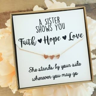 Sister Three Hearts Rose Gold or Silver Heart Necklace